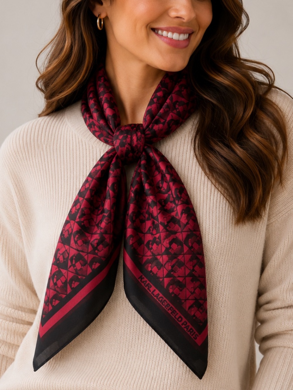 NWT Karl Lagerfeld Paris Geo Graphic Square Scarf Head Logo Red Black 36x36